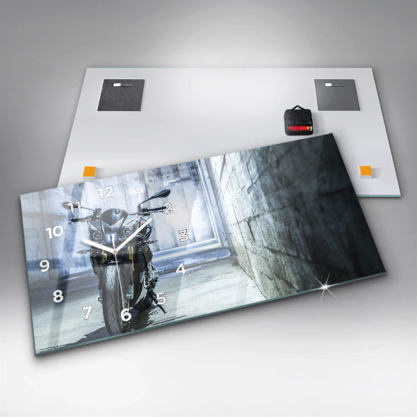 Glass wall clock rectangular Motorcycle in the alley