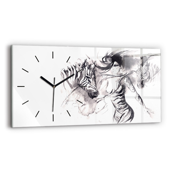 Glass wall clock rectangular Woman and zebras