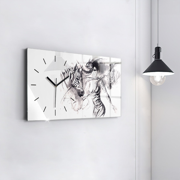 Glass wall clock rectangular Woman and zebras