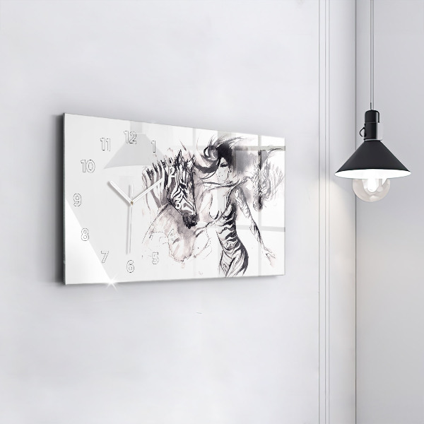 Glass wall clock rectangular Woman and zebras