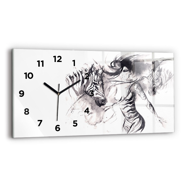Glass wall clock rectangular Woman and zebras