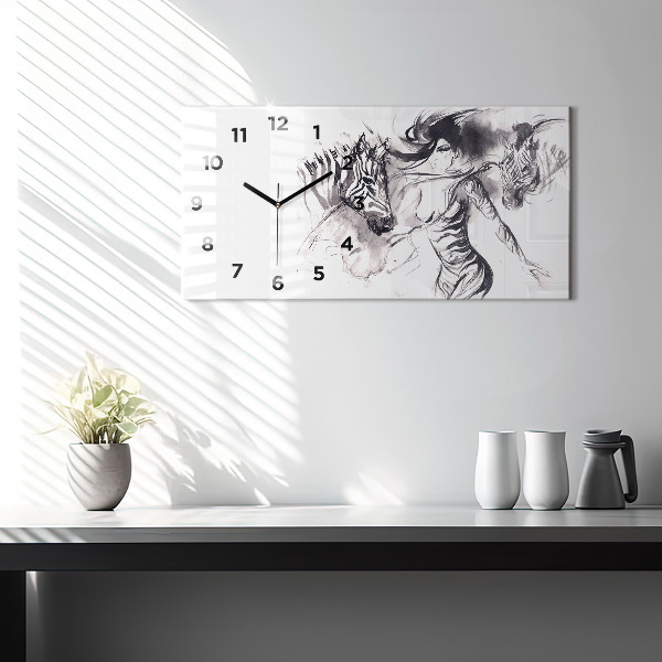 Glass wall clock rectangular Woman and zebras
