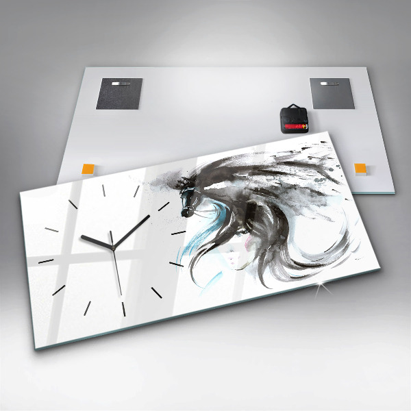 Glass wall clock rectangular Abstract horse and woman