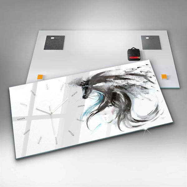 Glass wall clock rectangular Abstract horse and woman
