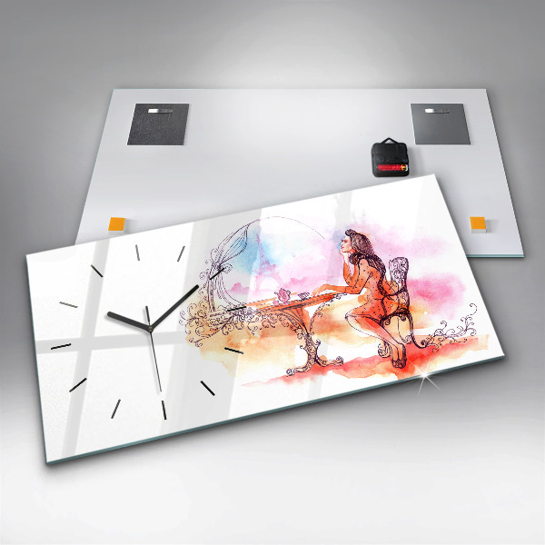 Glass wall clock rectangular Woman drinking tea