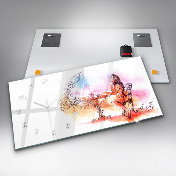 Glass wall clock rectangular Woman drinking tea