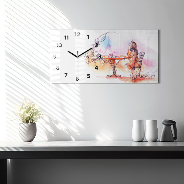 Glass wall clock rectangular Woman drinking tea