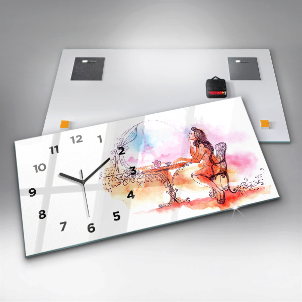 Glass wall clock rectangular Woman drinking tea