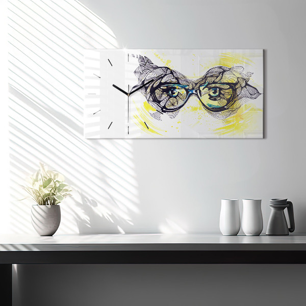 Glass wall clock rectangular Eyes glasses