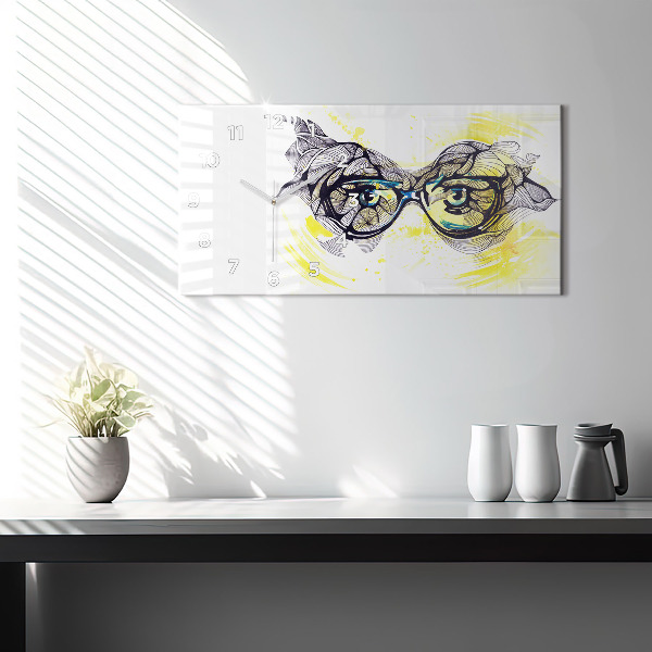 Glass wall clock rectangular Eyes glasses