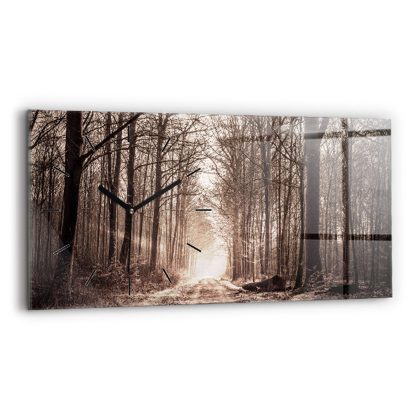 Glass wall clock rectangular Forest path in sepia
