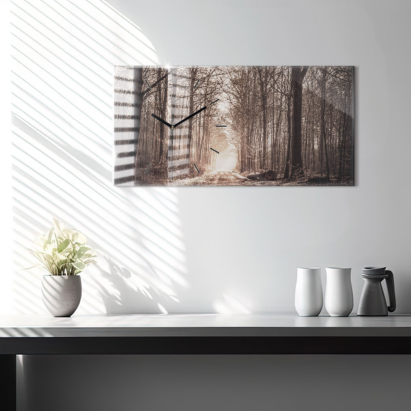 Glass wall clock rectangular Forest path in sepia