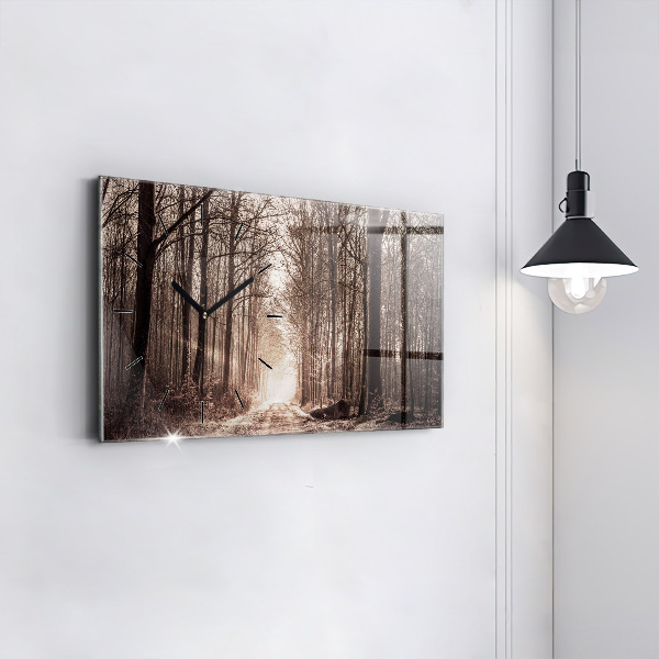 Glass wall clock rectangular Forest path in sepia