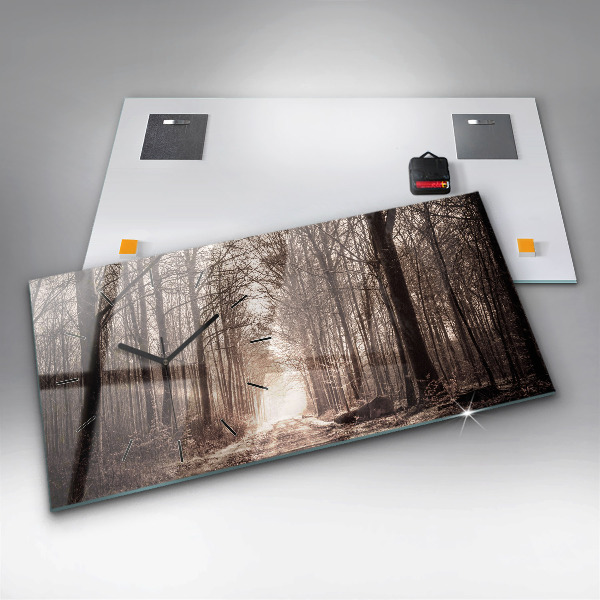 Glass wall clock rectangular Forest path in sepia