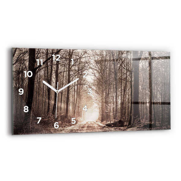 Glass wall clock rectangular Forest path in sepia