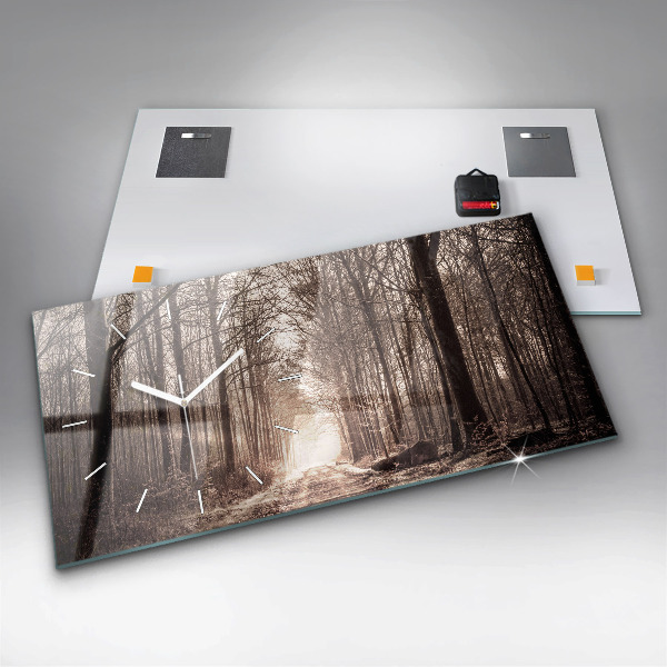 Glass wall clock rectangular Forest path in sepia