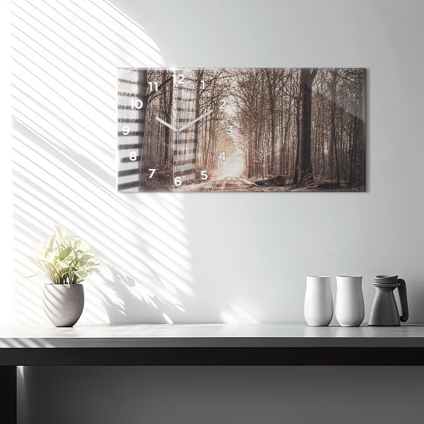 Glass wall clock rectangular Forest path in sepia