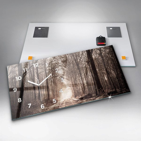 Glass wall clock rectangular Forest path in sepia