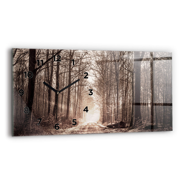 Glass wall clock rectangular Forest path in sepia