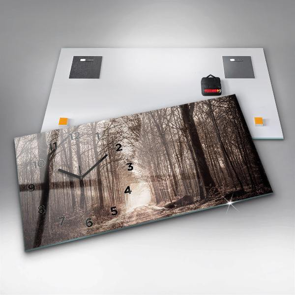 Glass wall clock rectangular Forest path in sepia