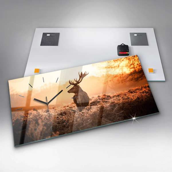 Glass wall clock rectangular Deer at sunrise