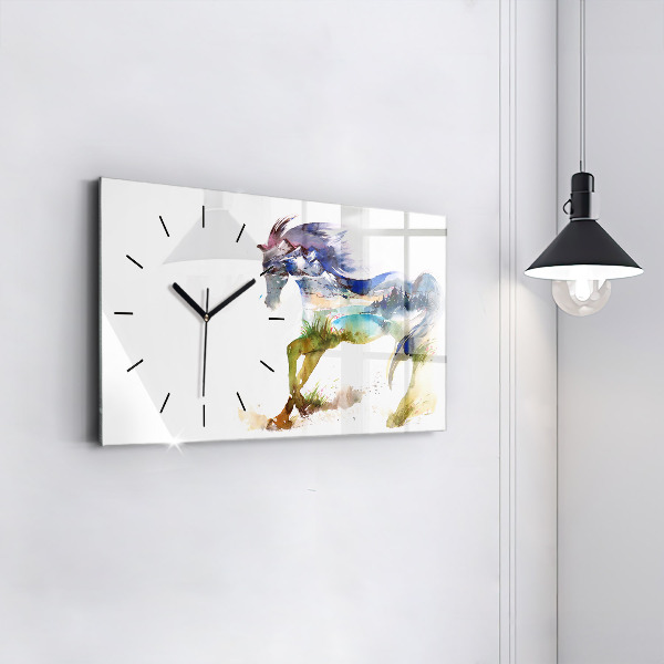 Glass wall clock rectangular Painted Mountains and Horse