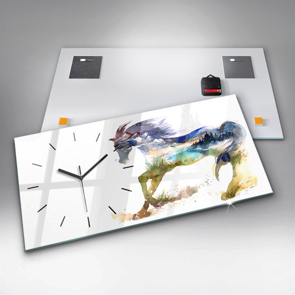 Glass wall clock rectangular Painted Mountains and Horse