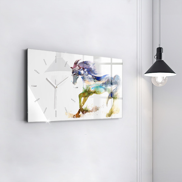 Glass wall clock rectangular Painted Mountains and Horse