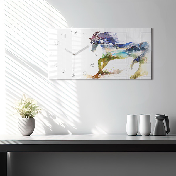 Glass wall clock rectangular Painted Mountains and Horse