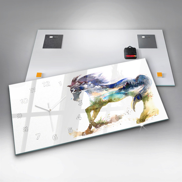 Glass wall clock rectangular Painted Mountains and Horse