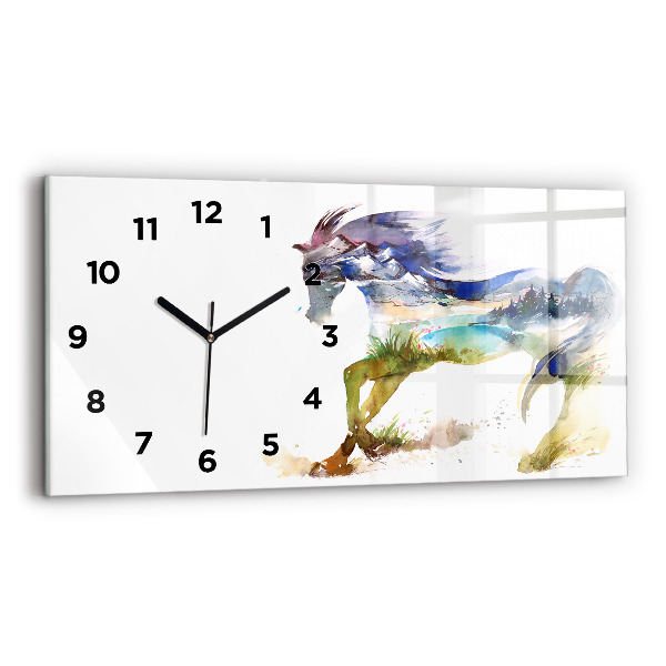 Glass wall clock rectangular Painted Mountains and Horse