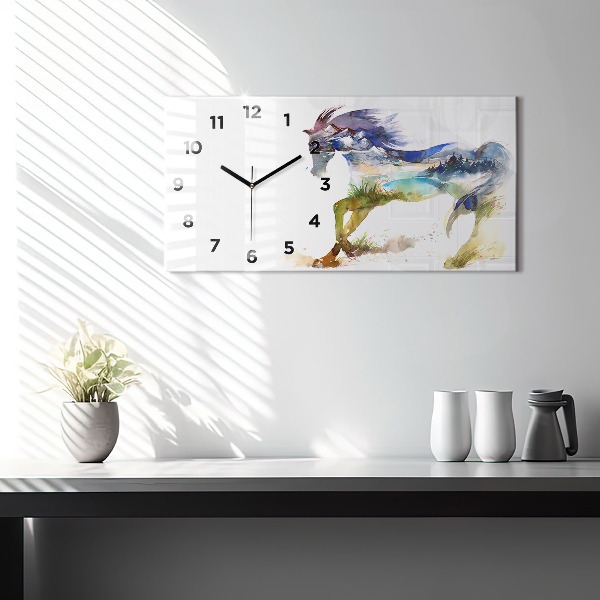 Glass wall clock rectangular Painted Mountains and Horse