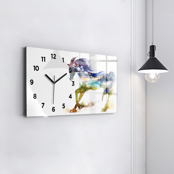 Glass wall clock rectangular Painted Mountains and Horse