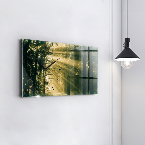 Glass wall clock rectangular Sun Rays Forest