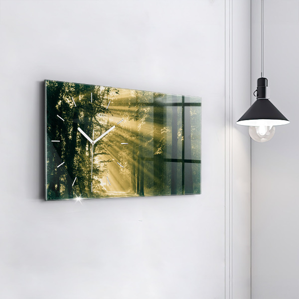 Glass wall clock rectangular Sun Rays Forest