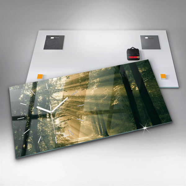 Glass wall clock rectangular Sun Rays Forest