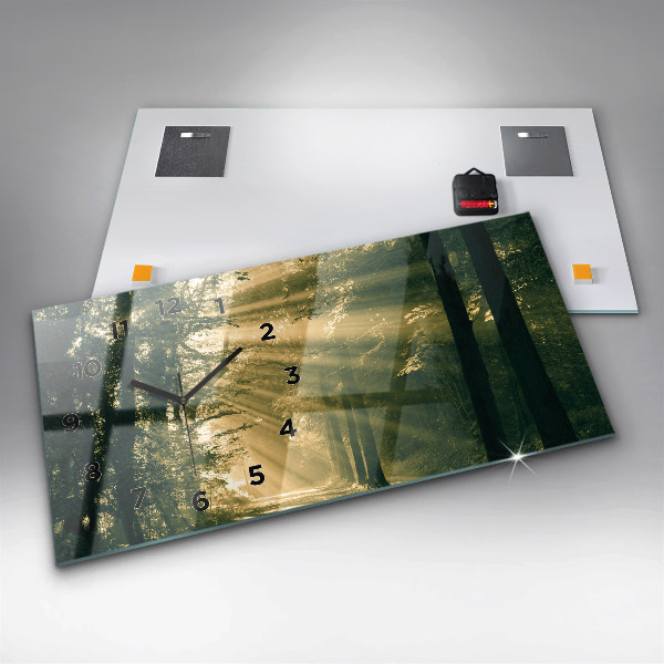 Glass wall clock rectangular Sun Rays Forest
