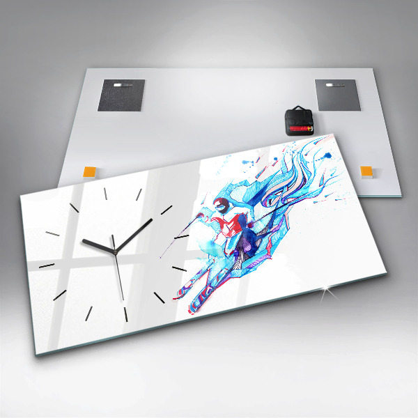 Glass wall clock rectangular Skier