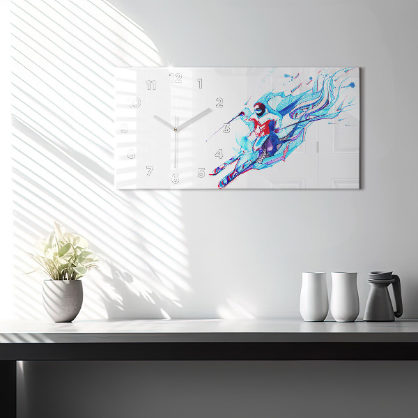 Glass wall clock rectangular Skier