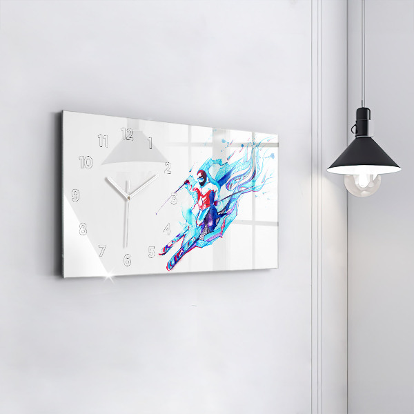 Glass wall clock rectangular Skier