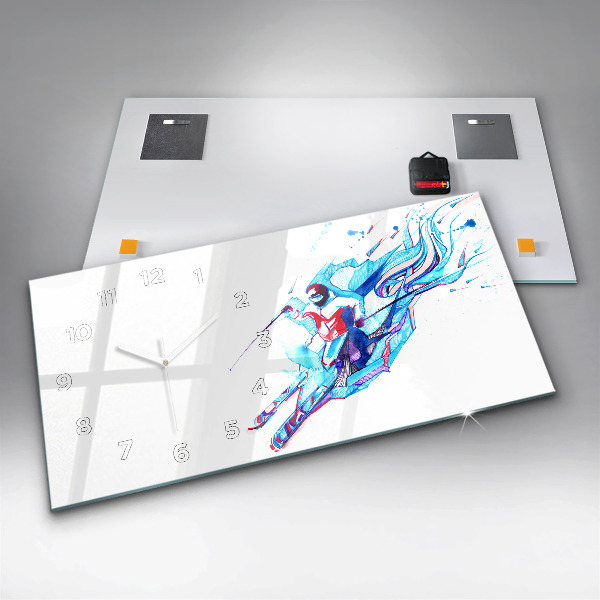 Glass wall clock rectangular Skier