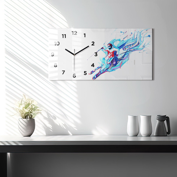 Glass wall clock rectangular Skier