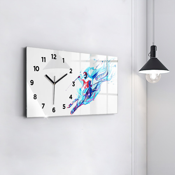 Glass wall clock rectangular Skier