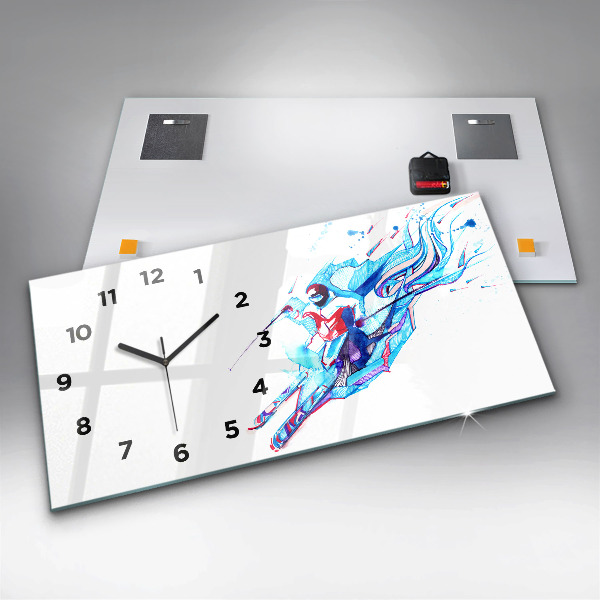 Glass wall clock rectangular Skier