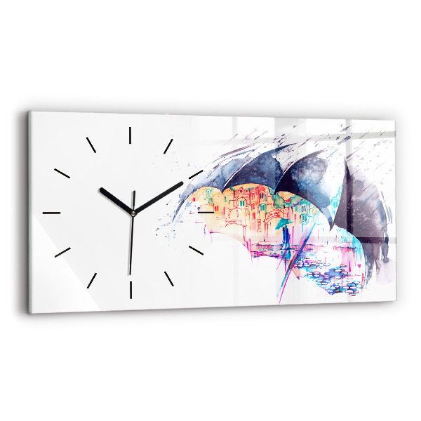 Glass wall clock rectangular Rain umbrella and city