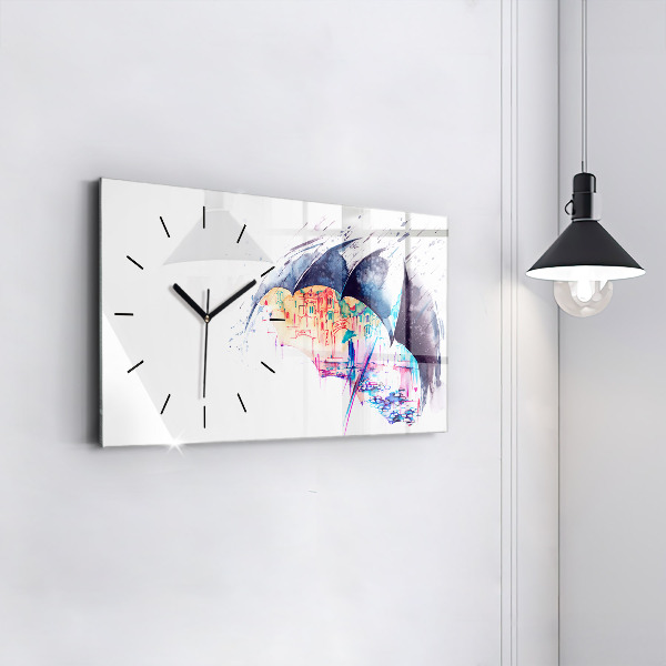 Glass wall clock rectangular Rain umbrella and city