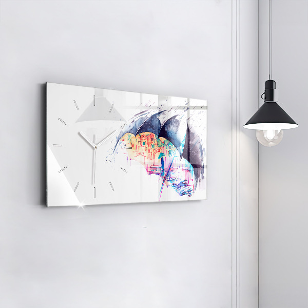 Glass wall clock rectangular Rain umbrella and city