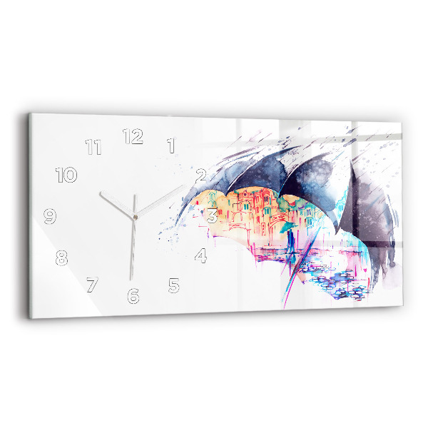 Glass wall clock rectangular Rain umbrella and city