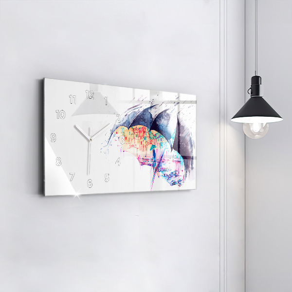 Glass wall clock rectangular Rain umbrella and city