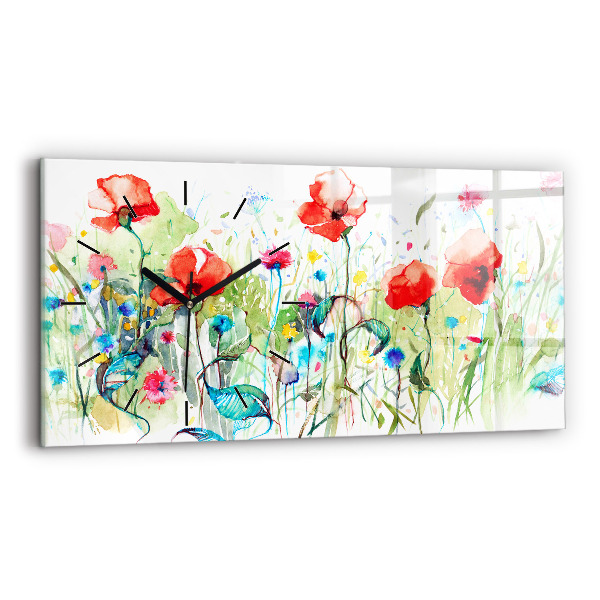 Glass wall clock rectangular Poppies in the Meadow